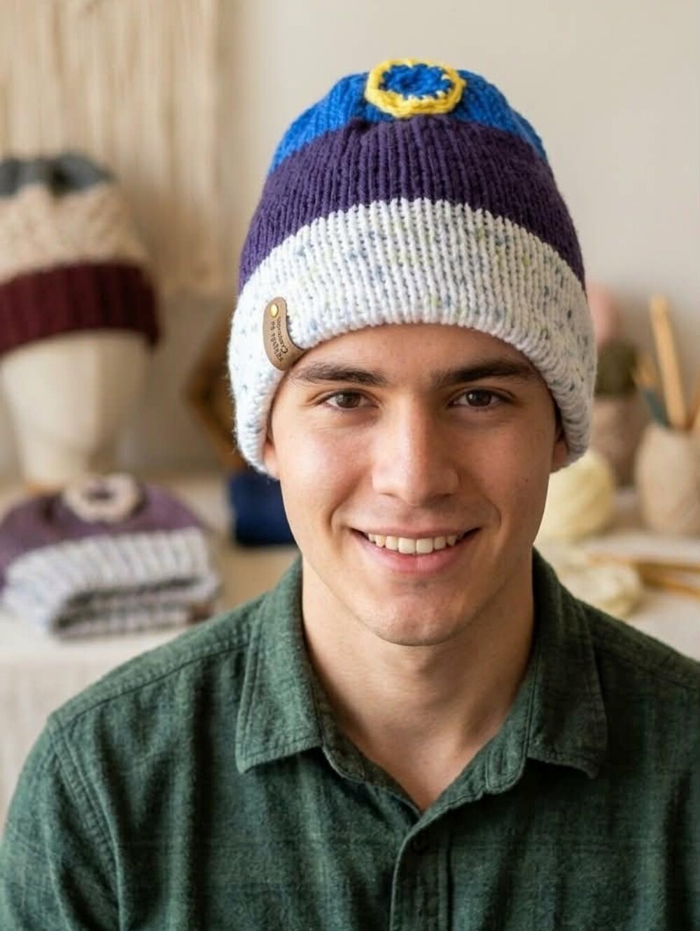 Colorblock Knit Beanie - Blue, Purple & Cream NWT